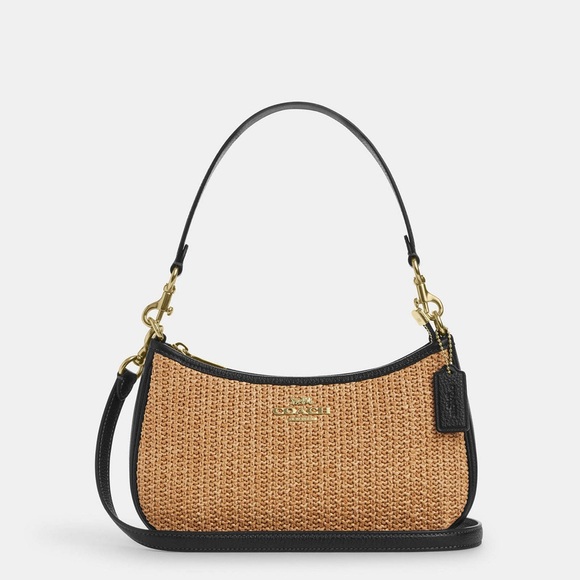 NWT Coach Straw and Leather Teri Shoulder Bag CAL90  in Toast/Black - Picture 1 of 13
